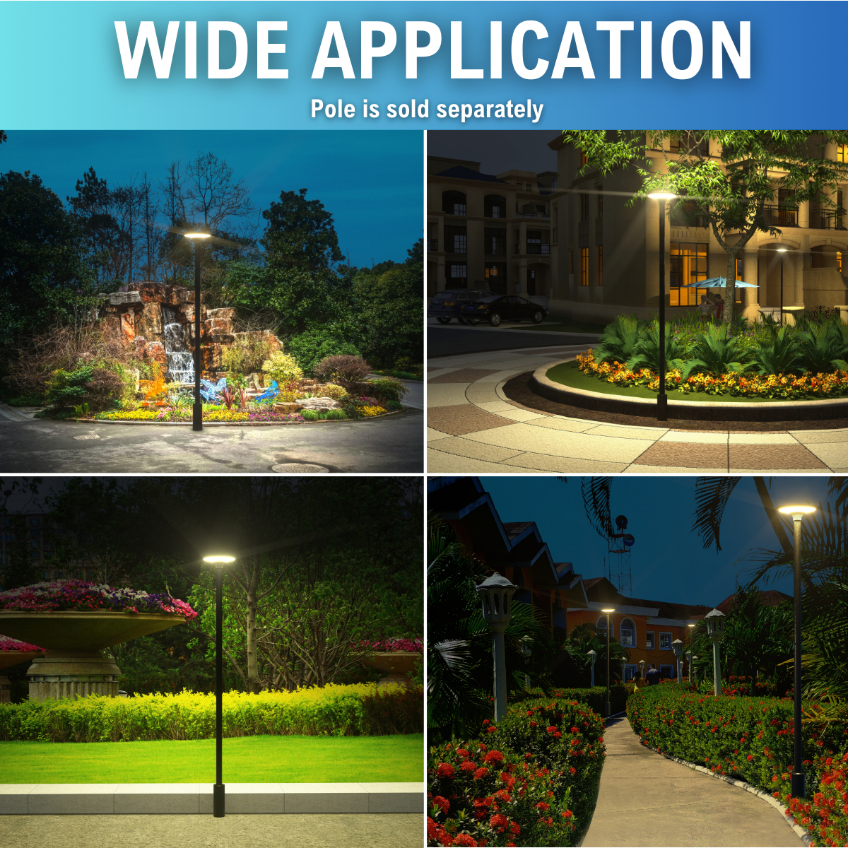 various applications shown of solar led round post top area light