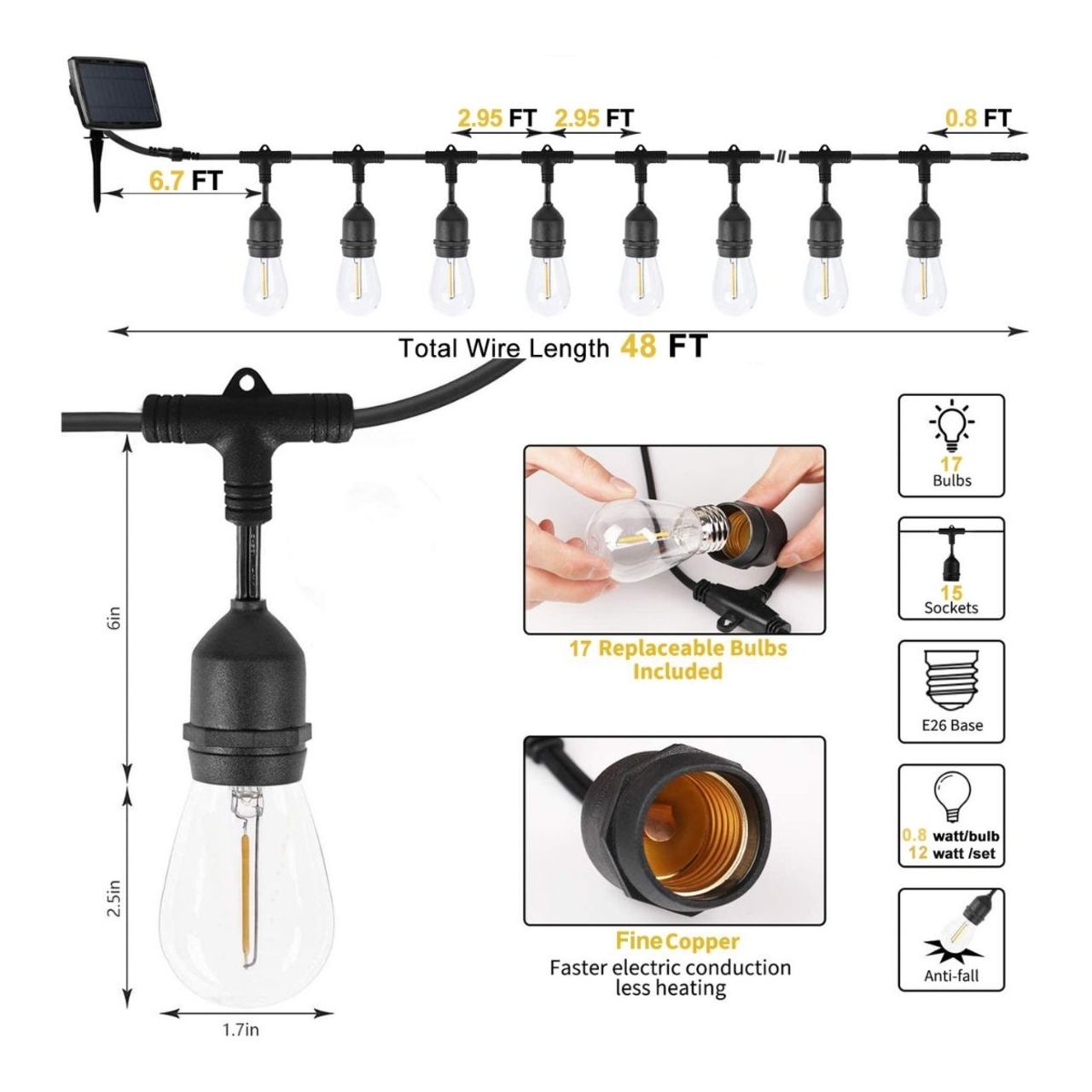 48ft Solar S14 String Light - 15 E26 Sockets - 20AWG - 1W S14 Bulbs - LumeGen