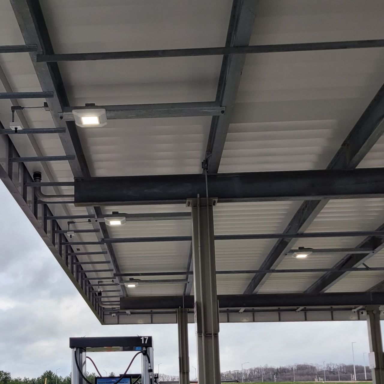 LED canopy lights installed at a gas station