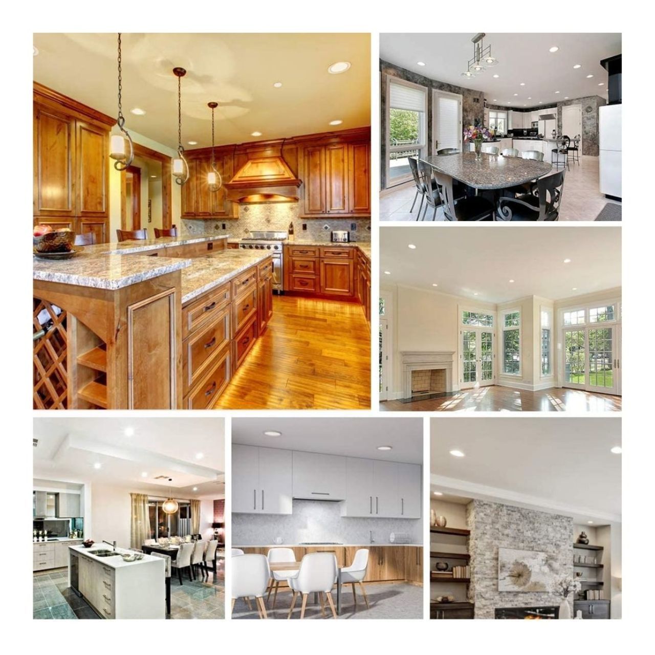 scene images of recessed lighting installed in various parts of the home including living rooms and kitchens