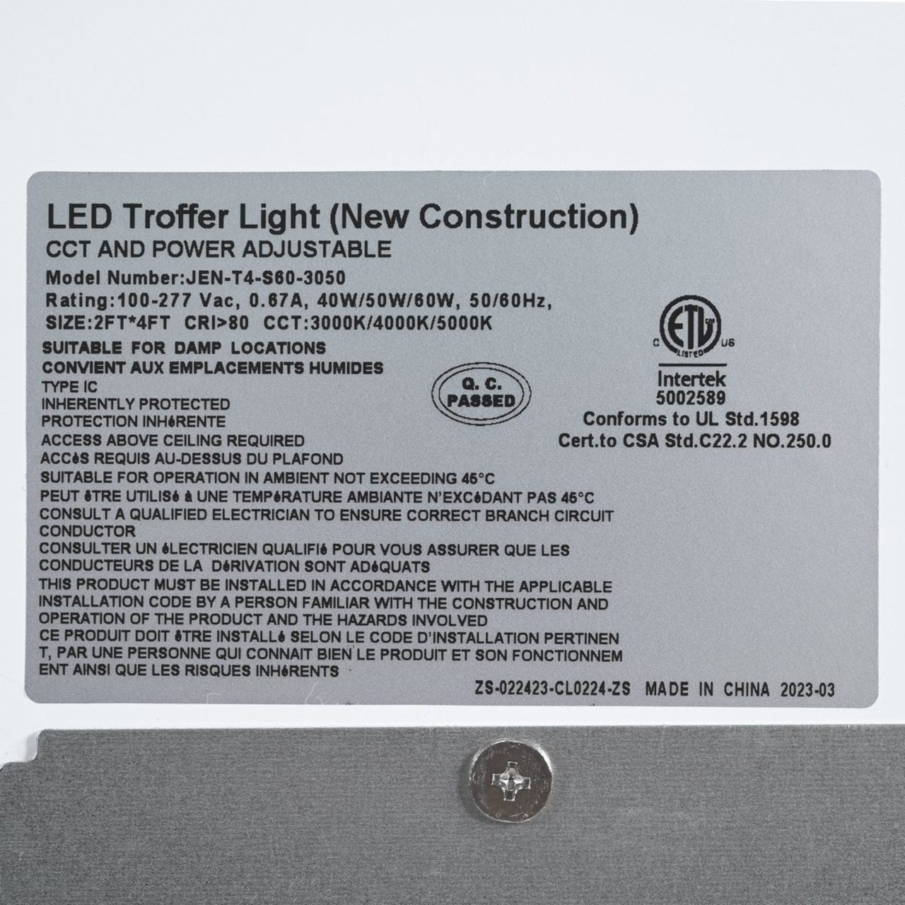 Case of 4 - 2x4 LED Troffer Light - Wattage Adjustable 40W/50W/60W - Color Tunable 30K/40K/50K - Jen Lighting