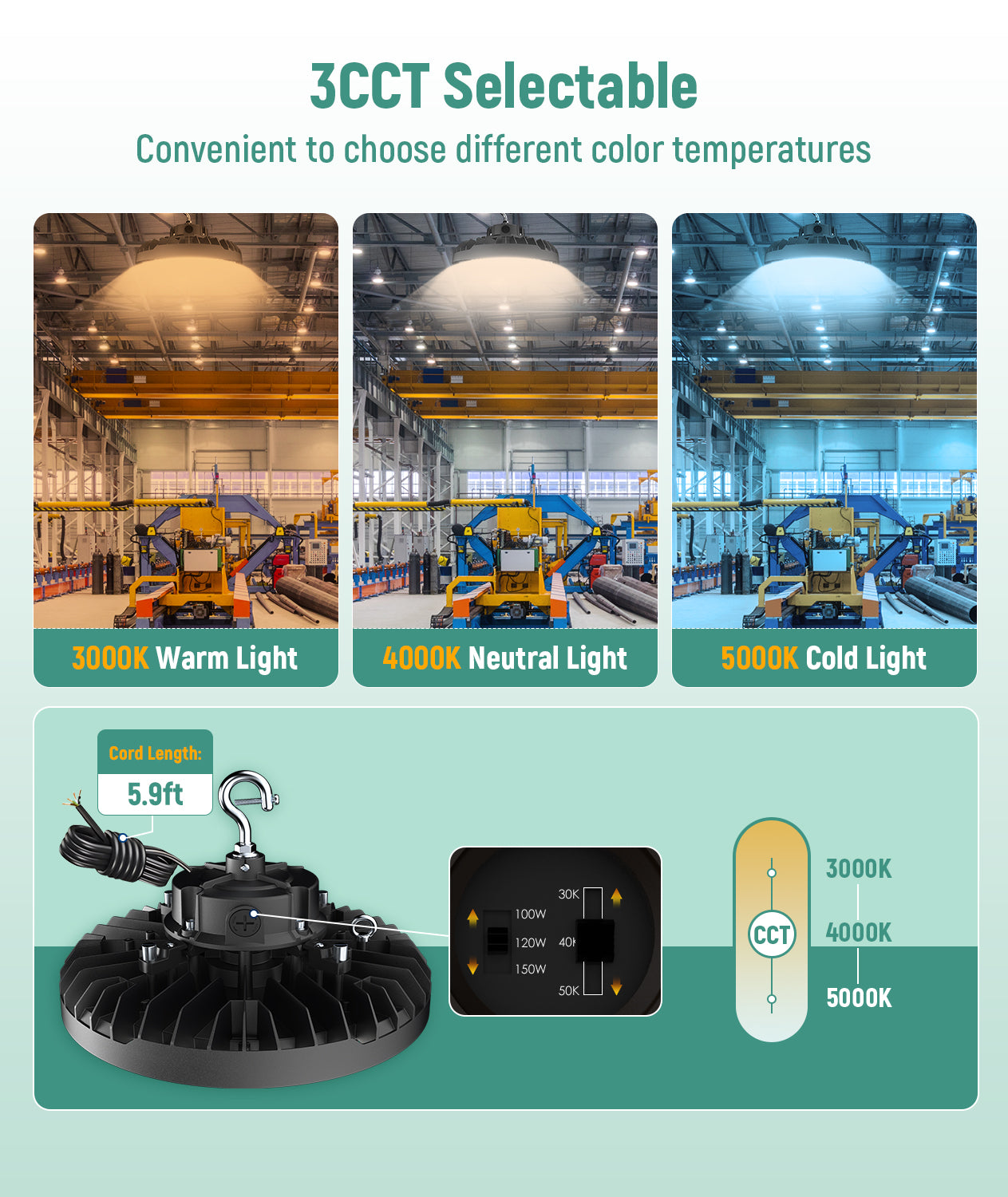 LED UFO High Bay - Wattage Adjustable 300W/240W/200W - Color Tunable 30K/40K/50K - Sensor Base