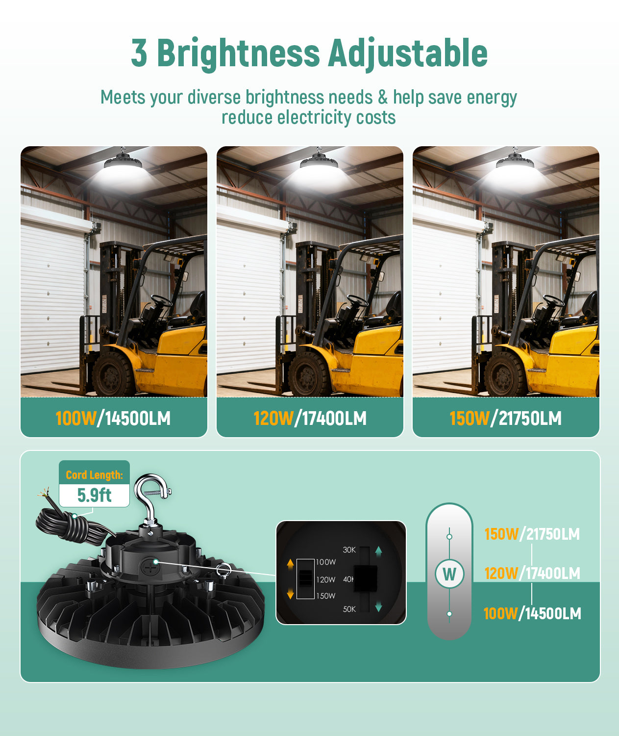 LED UFO High Bay - Wattage Adjustable 150W/200W/240W - Color Tunable 30K/40K/50K - Sensor Base