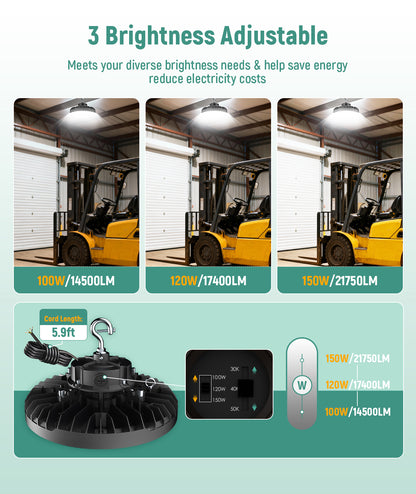 LED UFO High Bay - Wattage Adjustable 150W/200W/240W - Color Tunable 30K/40K/50K - Sensor Base