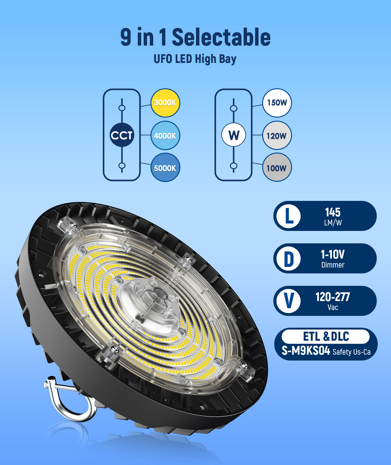 LED Wattage Adjustable UFO High Bay - 100W/150W - 5000K - Jen Lighting & Microwave Highbay Sensor - 12VDC