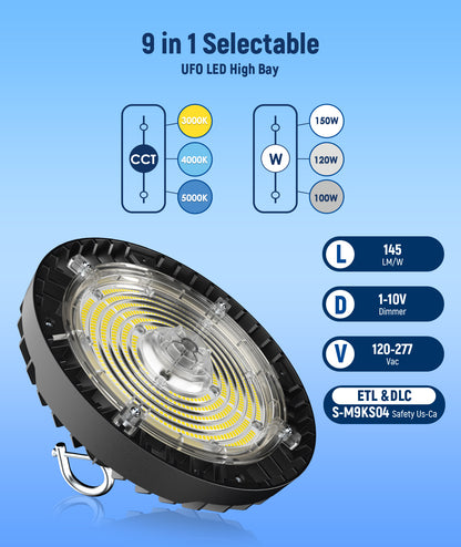 LED Wattage Adjustable UFO High Bay - 100W/150W - 5000K - Jen Lighting & Microwave Highbay Sensor - 12VDC