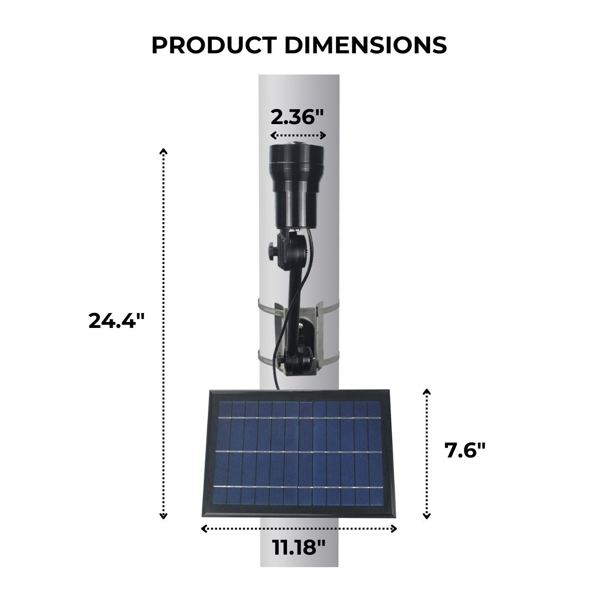 Dimensions shown for a solar LED flagpole light