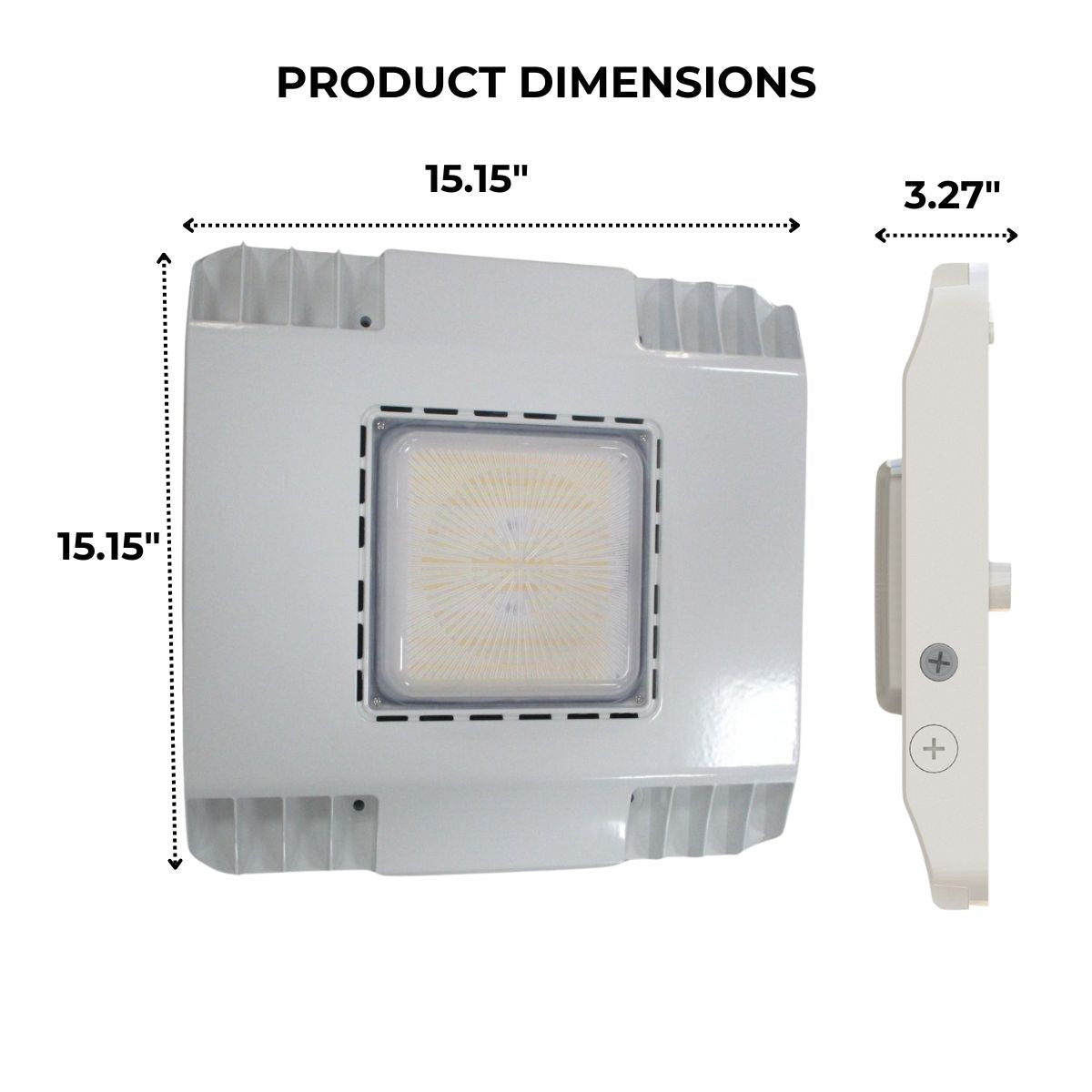 Dimensions of a square, white LED Canopy Light