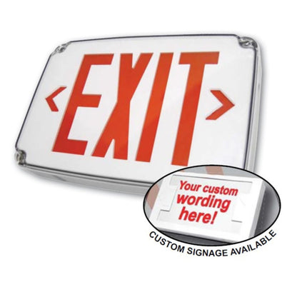 Exit Sign that notes custom signage is also available