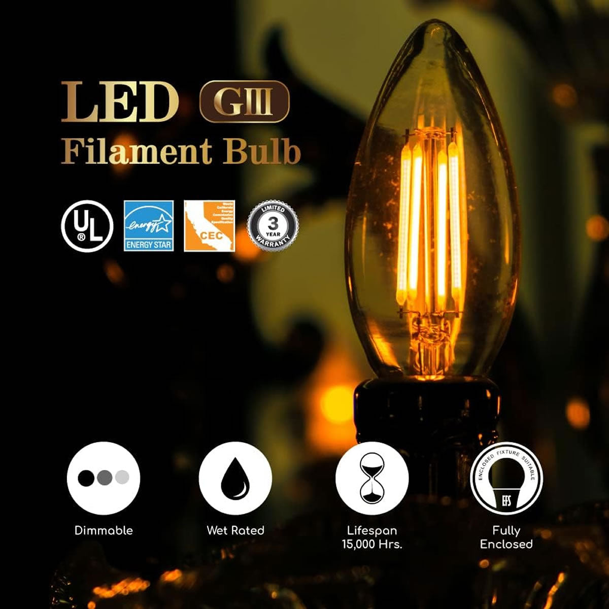 CASE OF 24 - LED B10 Clear Glass Filament Bulb - 5.5 Watt -60 Watt Equiv. - Euri Lighthing (6 Packs of 4 Bulbs)