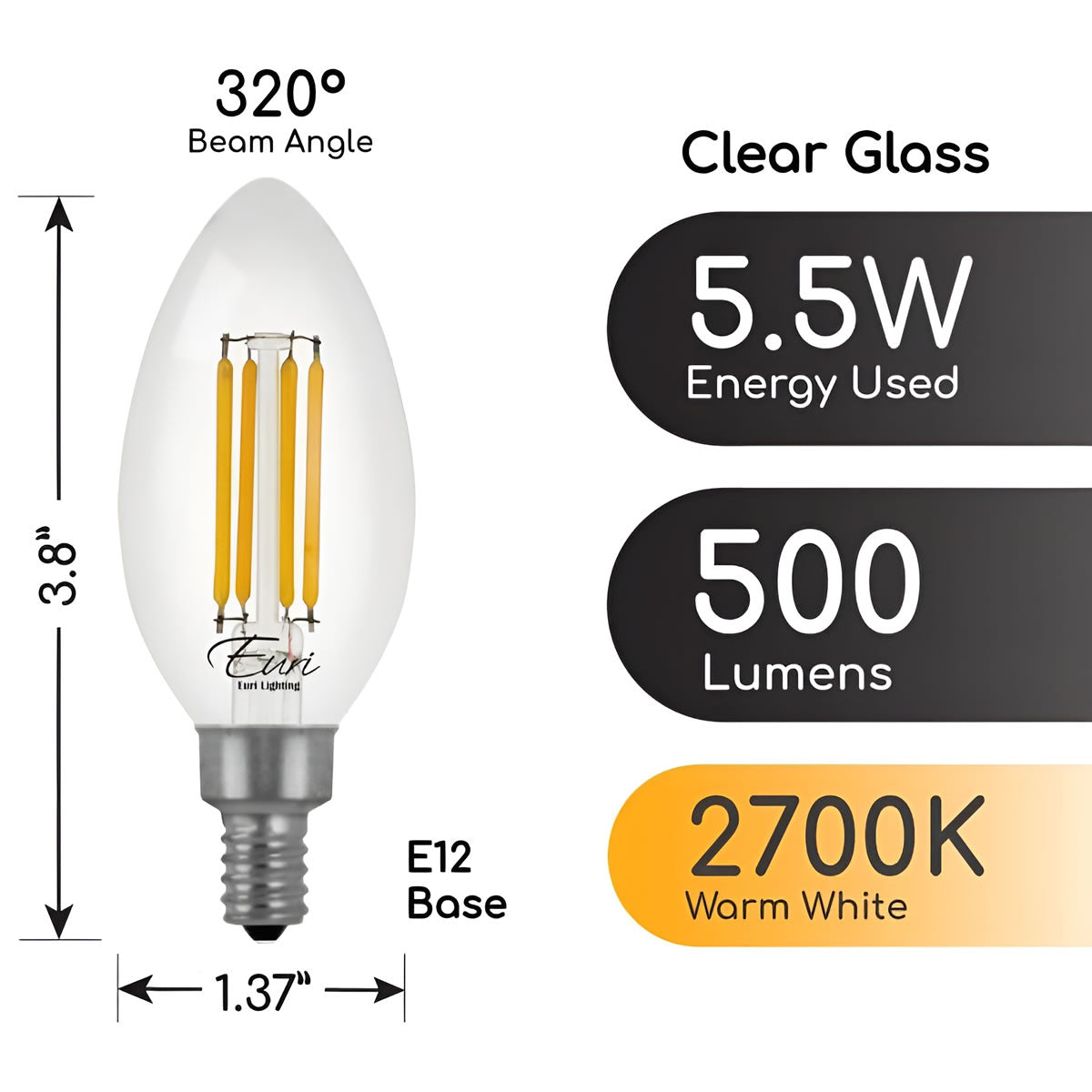 CASE OF 24 - LED B10 Clear Glass Filament Bulb - 5.5 Watt -60 Watt Equiv. - Euri Lighthing (6 Packs of 4 Bulbs)