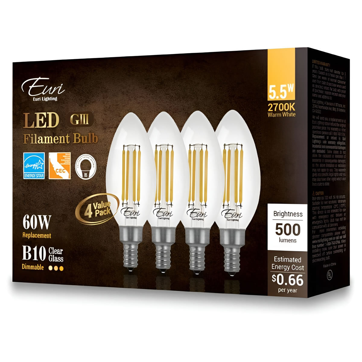 CASE OF 24 - LED B10 Clear Glass Filament Bulb - 5.5 Watt -60 Watt Equiv. - Euri Lighthing (6 Packs of 4 Bulbs)