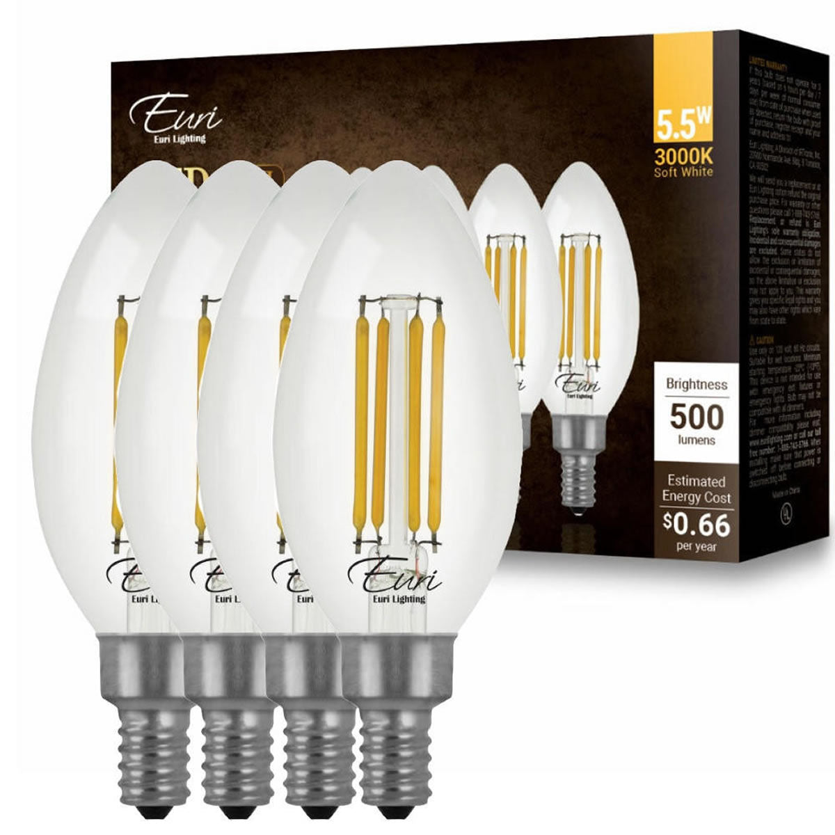 CASE OF 24 - LED B10 Clear Glass Filament Bulb - 5.5 Watt -60 Watt Equiv. - Euri Lighthing (6 Packs of 4 Bulbs)