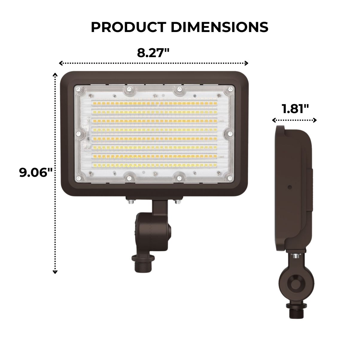 Dimensions of an LED Flood Light with knuckle mount attached