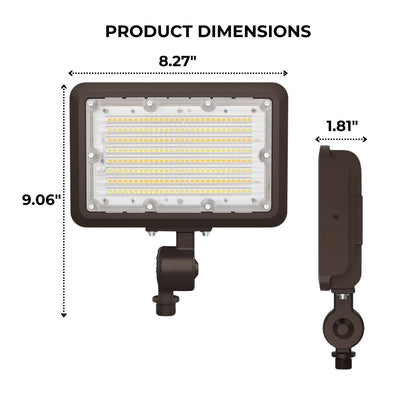 Dimensions of an LED Flood Light with knuckle mount attached