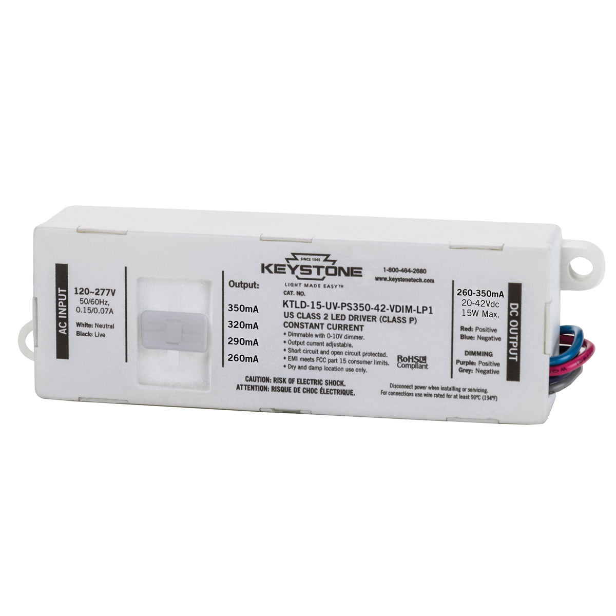 LED Power Selectable Constant Current LED Driver - 15W - 20-42V Output Voltage - Dimmable - Keystone