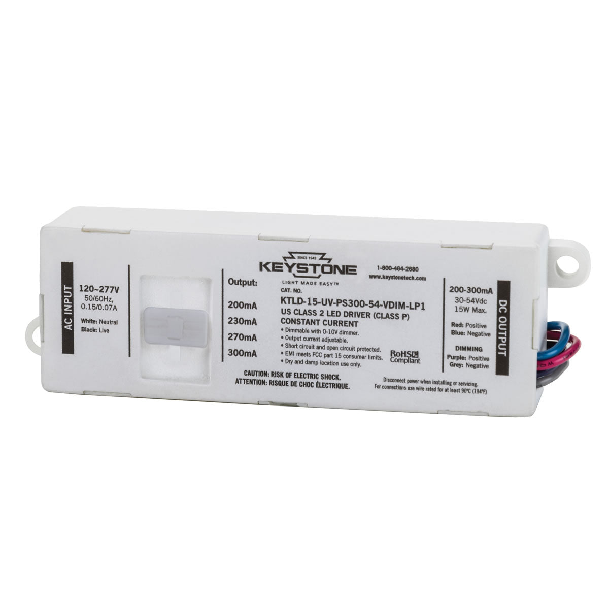LED Power Selectable Constant Current LED Driver - 15W - 30-54V Output Voltage - Dimmable - Keystone
