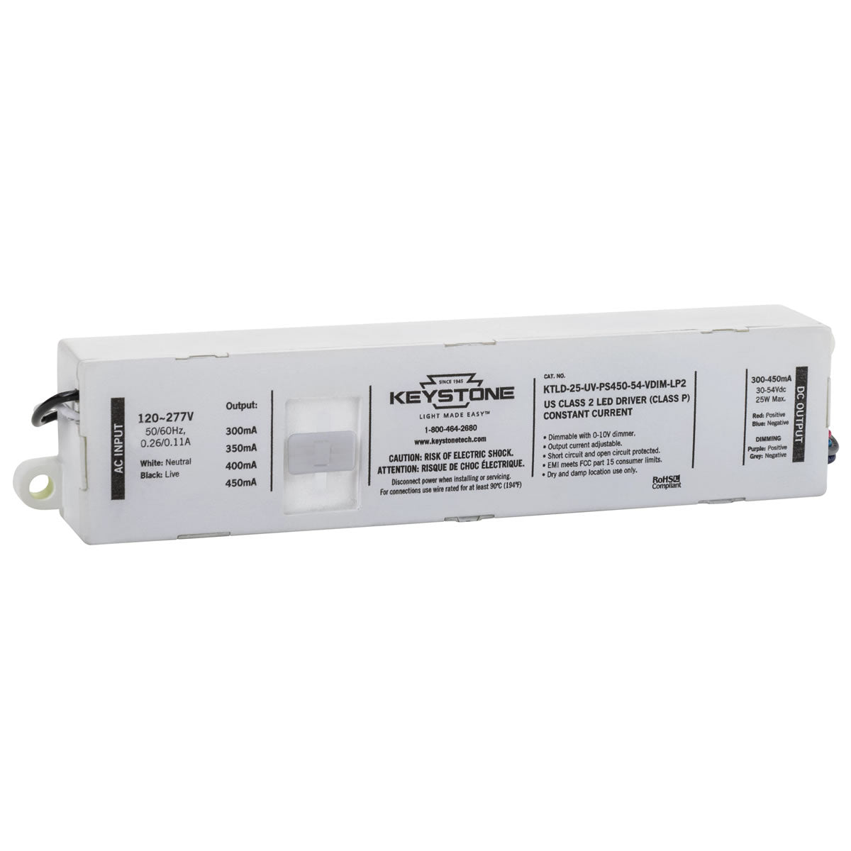LED Power Selectable Constant Current LED Driver - 25W - 30-54V Output Voltage - Dimmable - Keystone