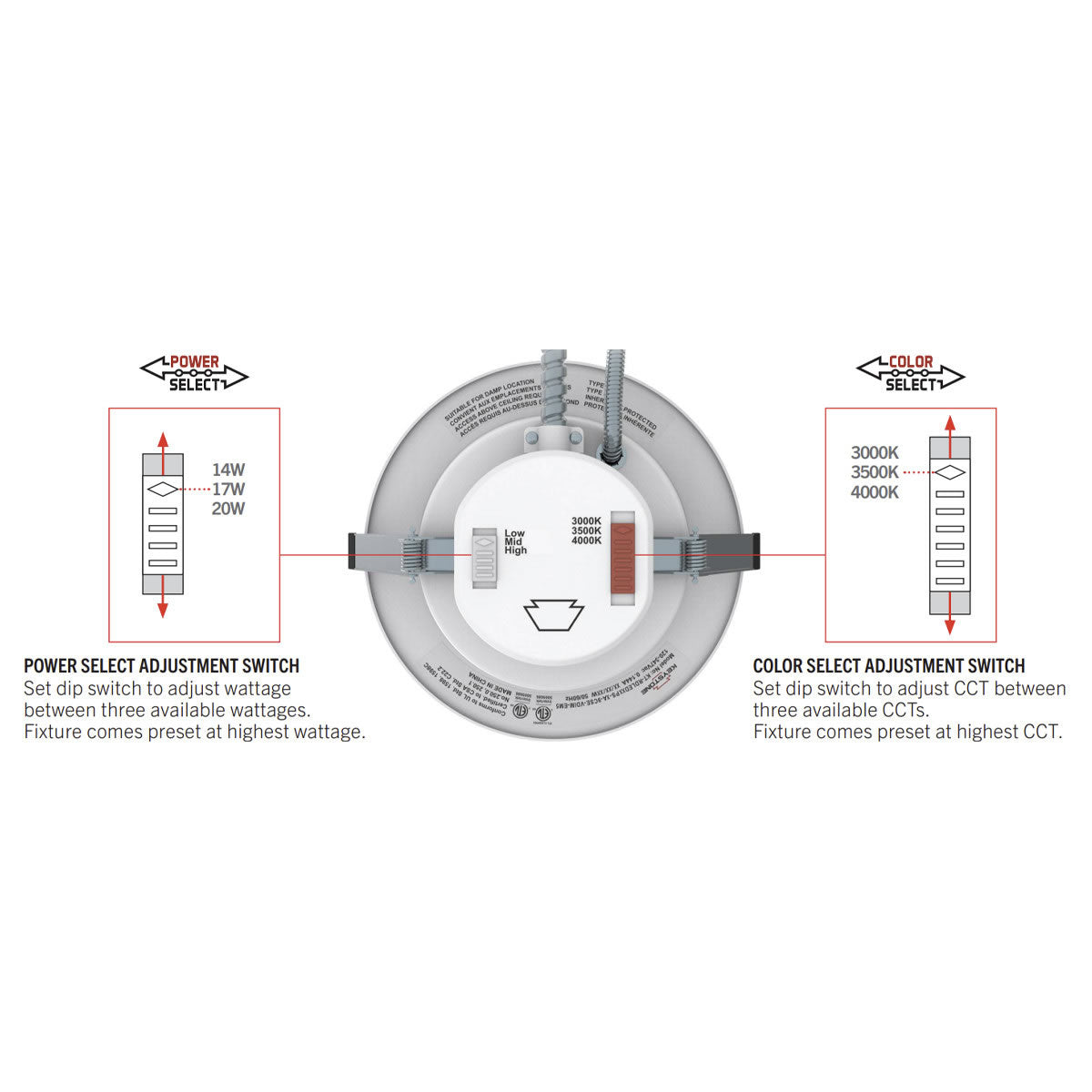 8in. LED Wattage Adjustable & Color Tunable Recessed Downlight - Built-in 5W Emergency Driver - 14W/17W/20W - 3000K/3500K/4000K - Keystone