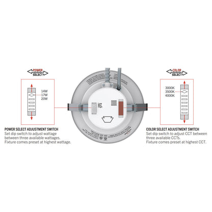 8in. LED Wattage Adjustable & Color Tunable Recessed Downlight - Built-in 5W Emergency Driver - 14W/17W/20W - 3000K/3500K/4000K - Keystone