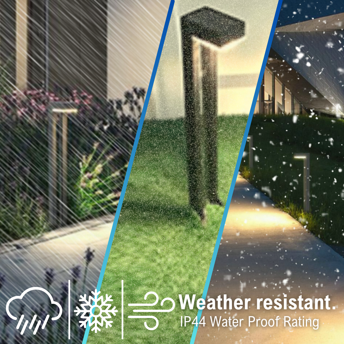 weather resistant (rain, snow, and wind) and IP44 water proof rating