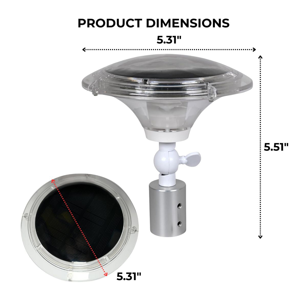 Dimensions shown for a solar LED Flagtop Pole Light