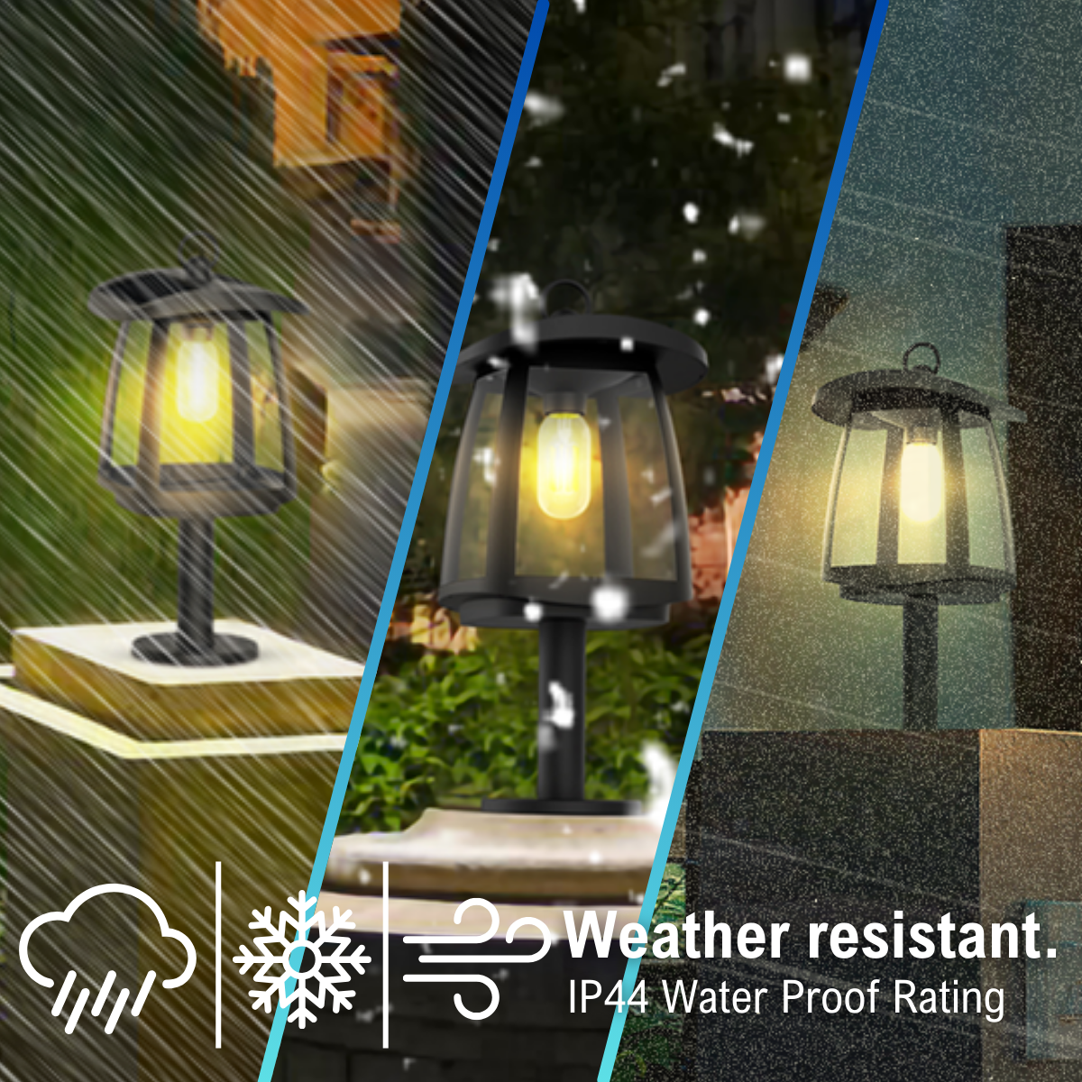 weather resistant (rain, snow, and wind) and IP44 water proof rated