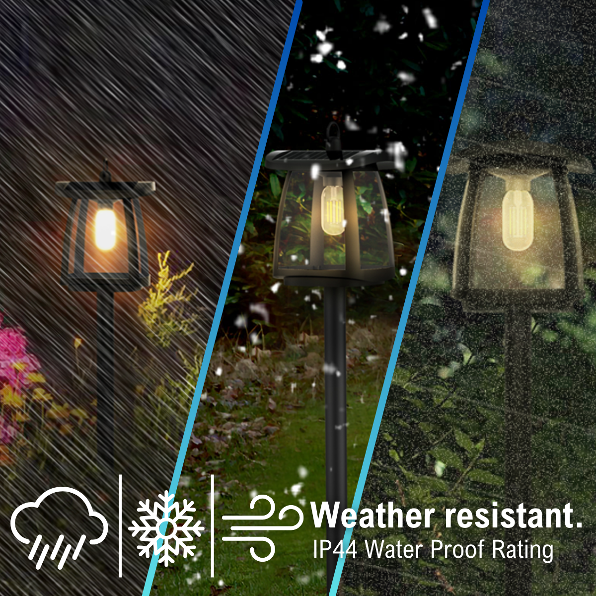 weather resistant (rain, snow, and wind) and IP44 water proof rating
