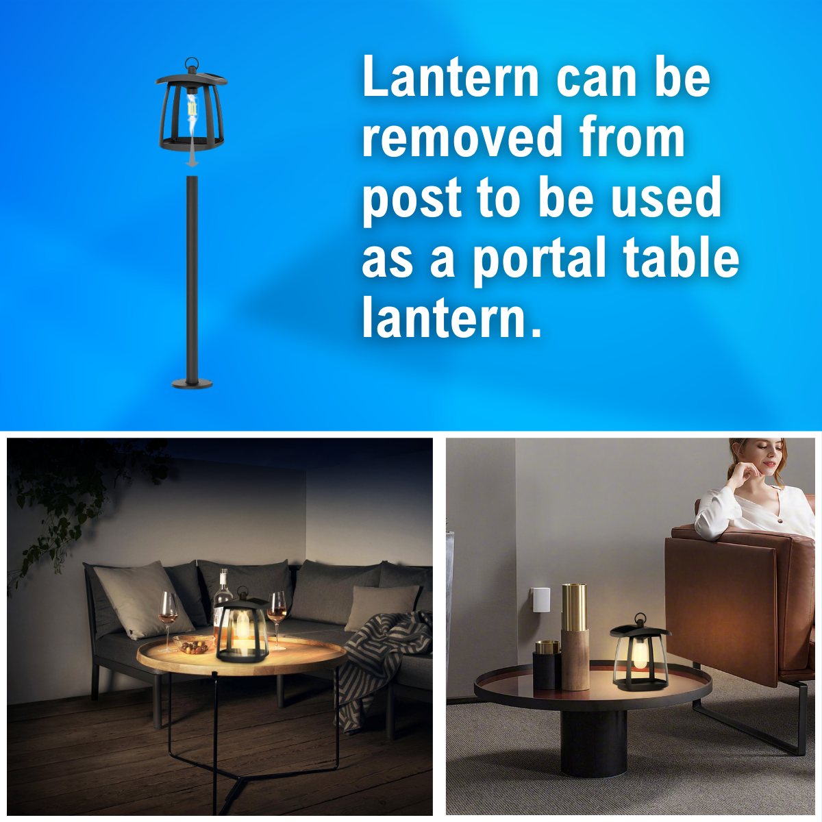 lantern can be removed from post to be used as a portable table lantern