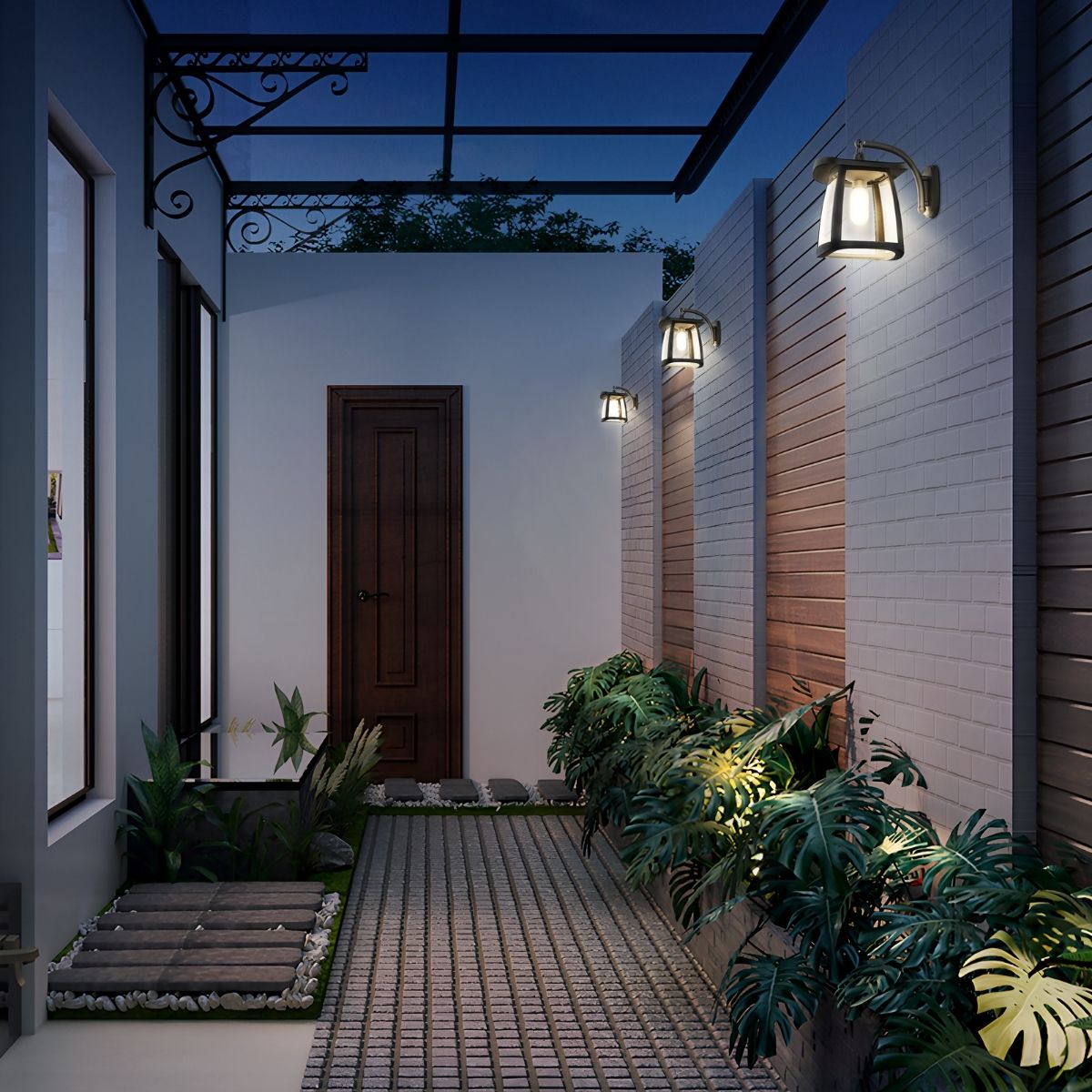 solar LED wall lights installed onto a wall outside the exterior of a home
