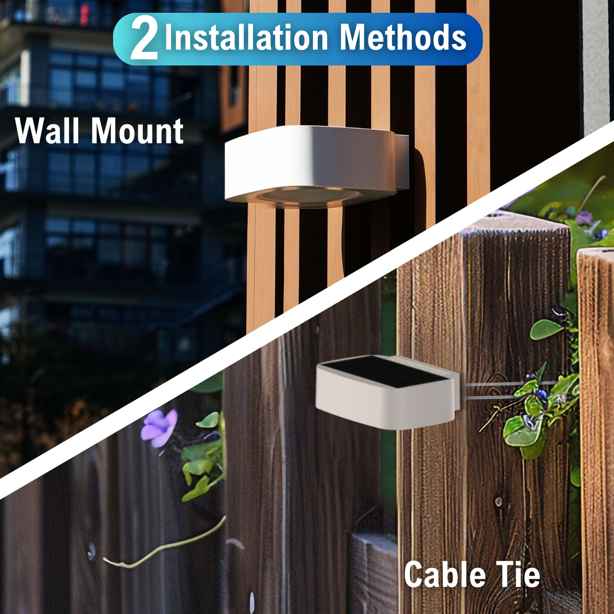 two installation methods - wall mounted or with cable ties