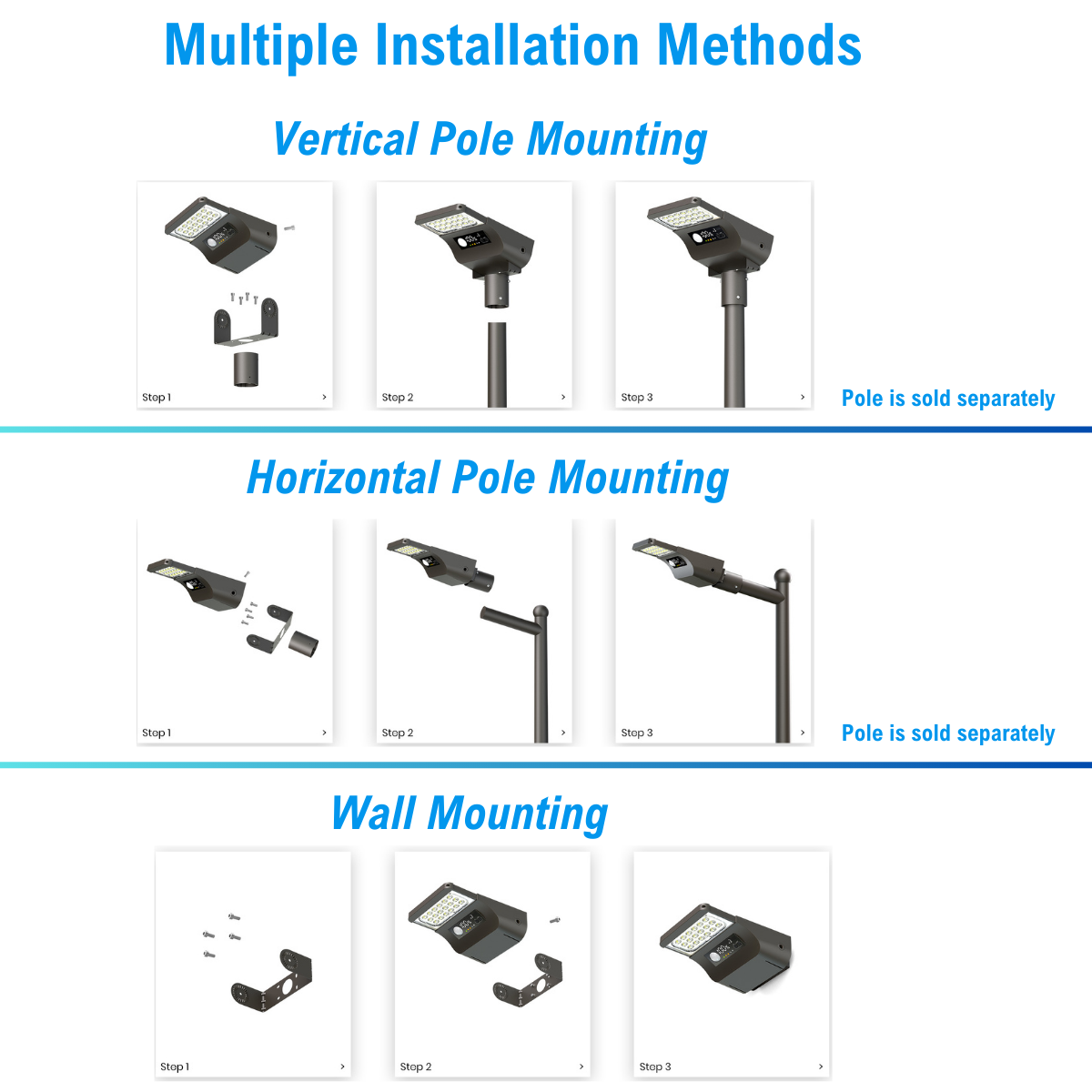 multiple installation methods for solar LED street light including vertical pole mounting, horizontal pole mounting, and wall mounting
