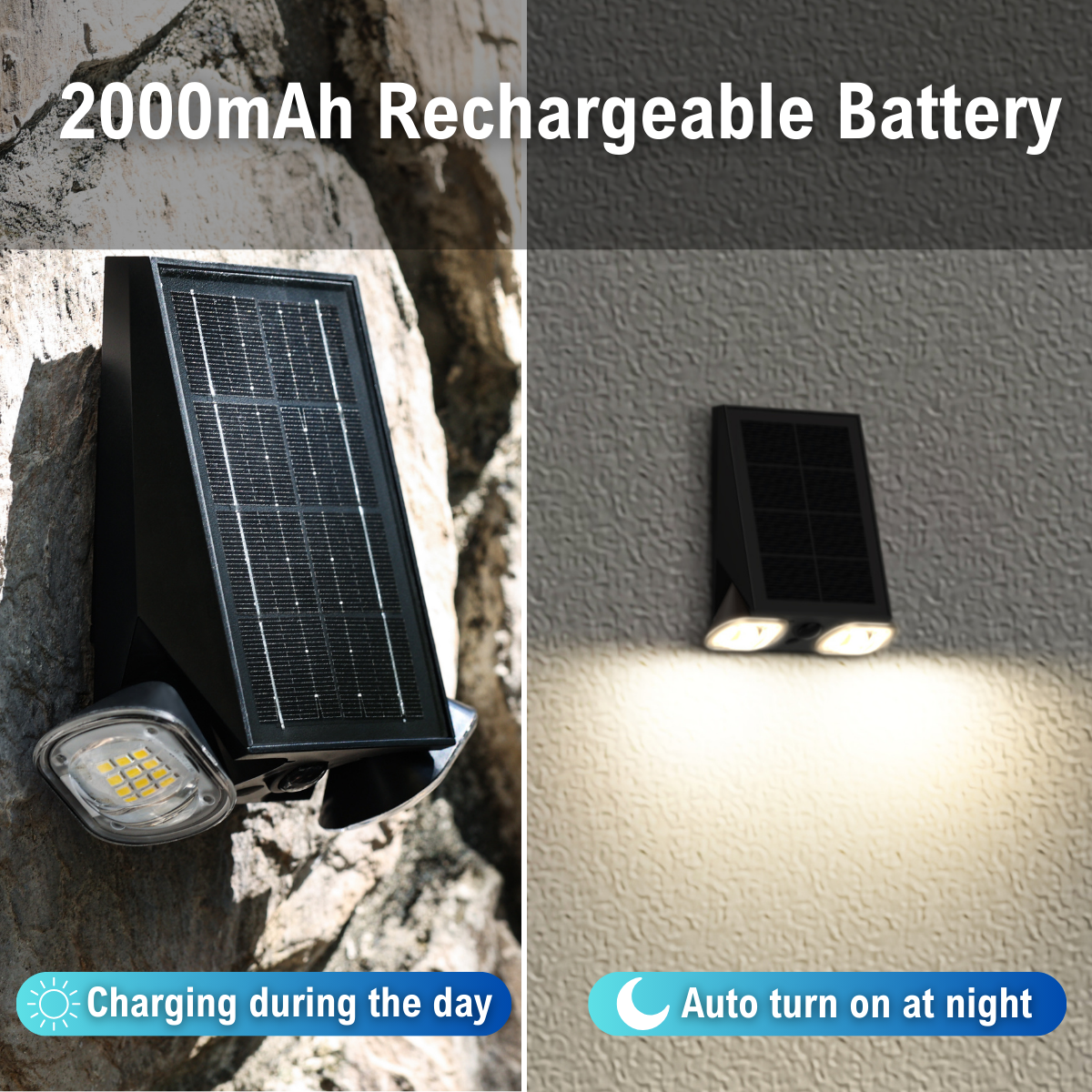 2000mAh rechargeable battery that charges during the day and auto turns on at night