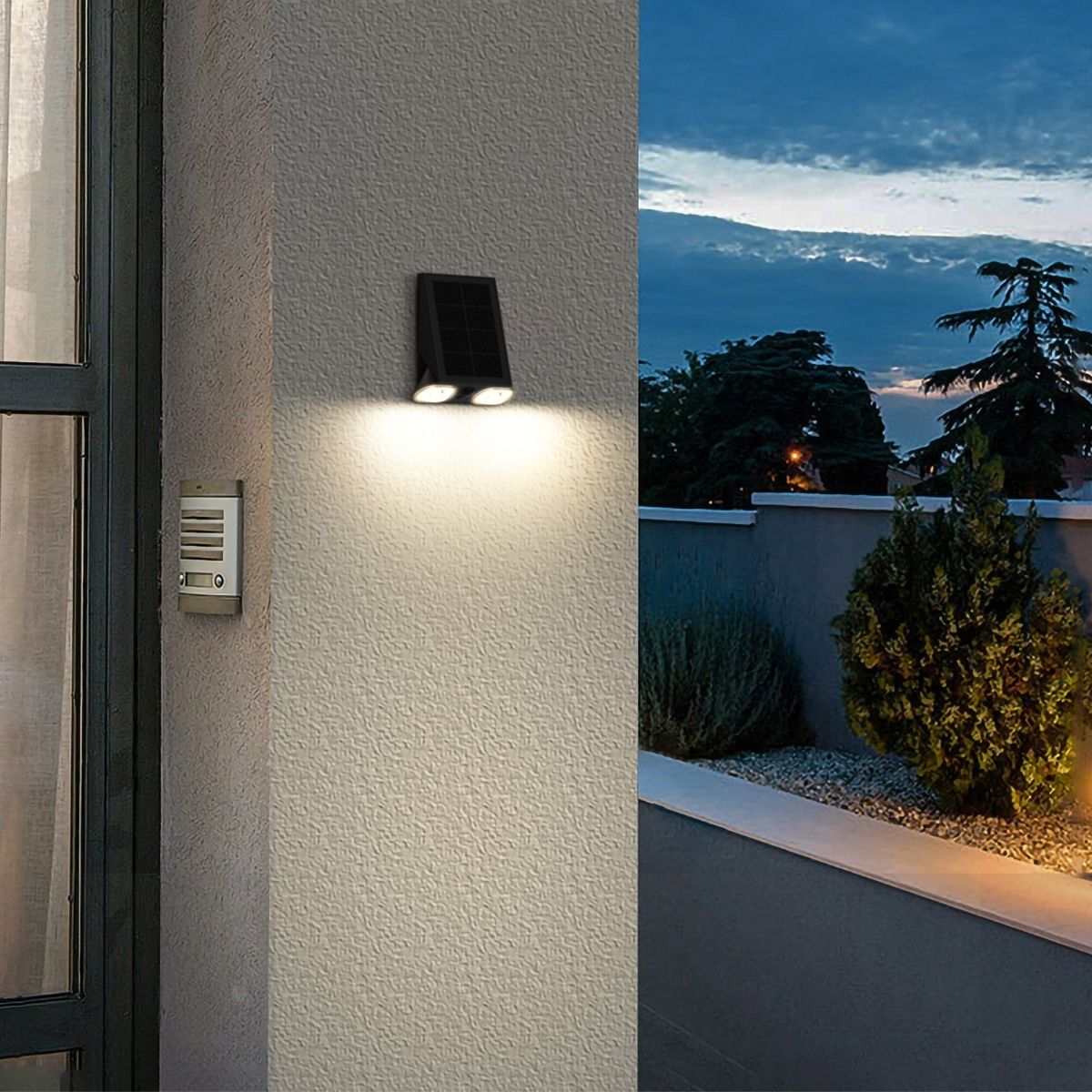 solar LED wall light installed on a wall on the perimeter of a property