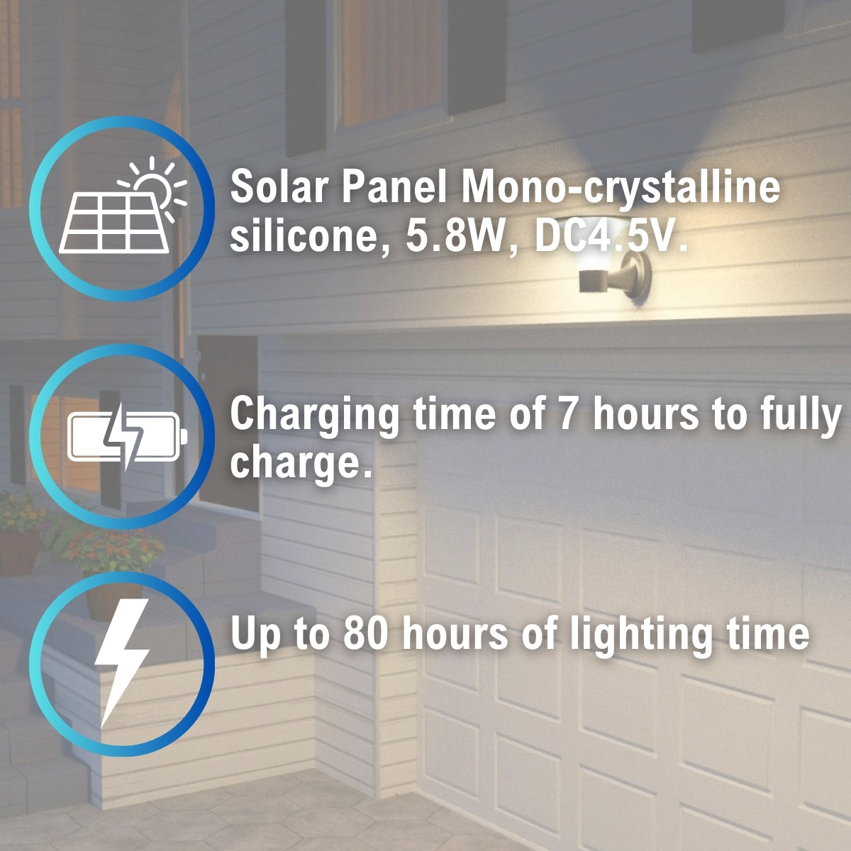 solar panel specs, charging time hours, and lighting time hours for LED solar wall light