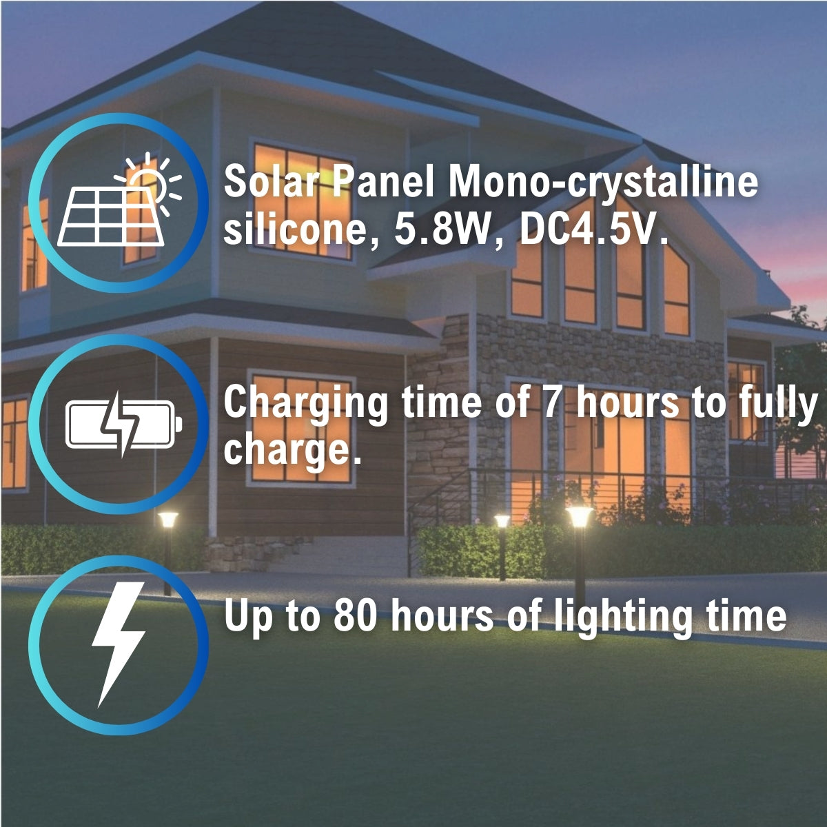 LED bollard light solar panel specifications, charging time, and lighting time