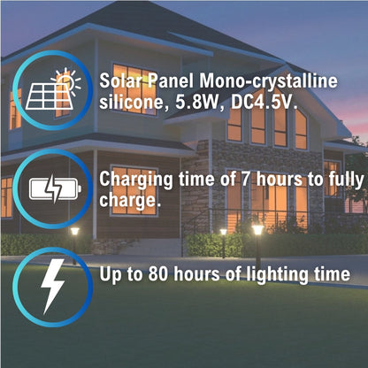 LED bollard light solar panel specifications, charging time, and lighting time