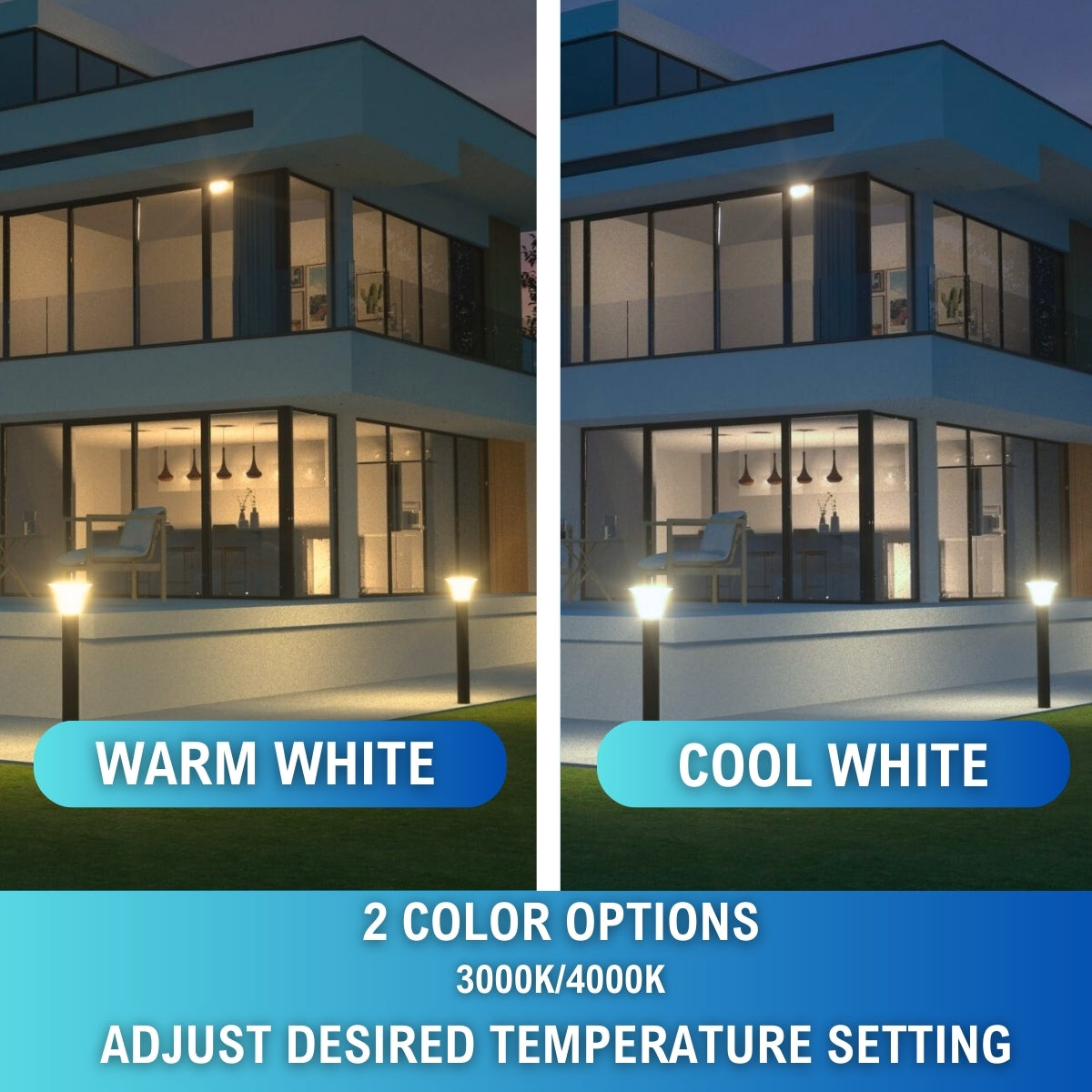 LED bollard light showing the 2 different color temperature options