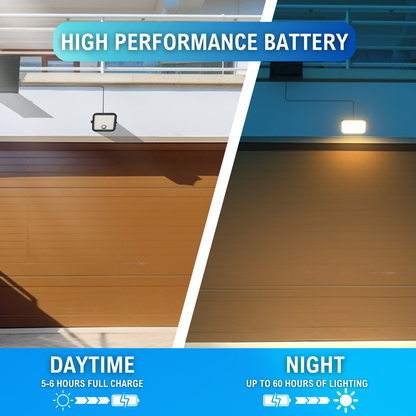 high performance battery noting daytime charging time of 5-6 hours provides up to 60 hours of lighting