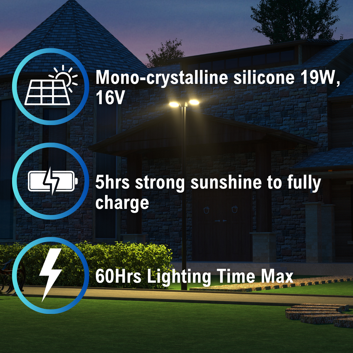 solar panel specifications and charging time for solar LED dual head post top area light