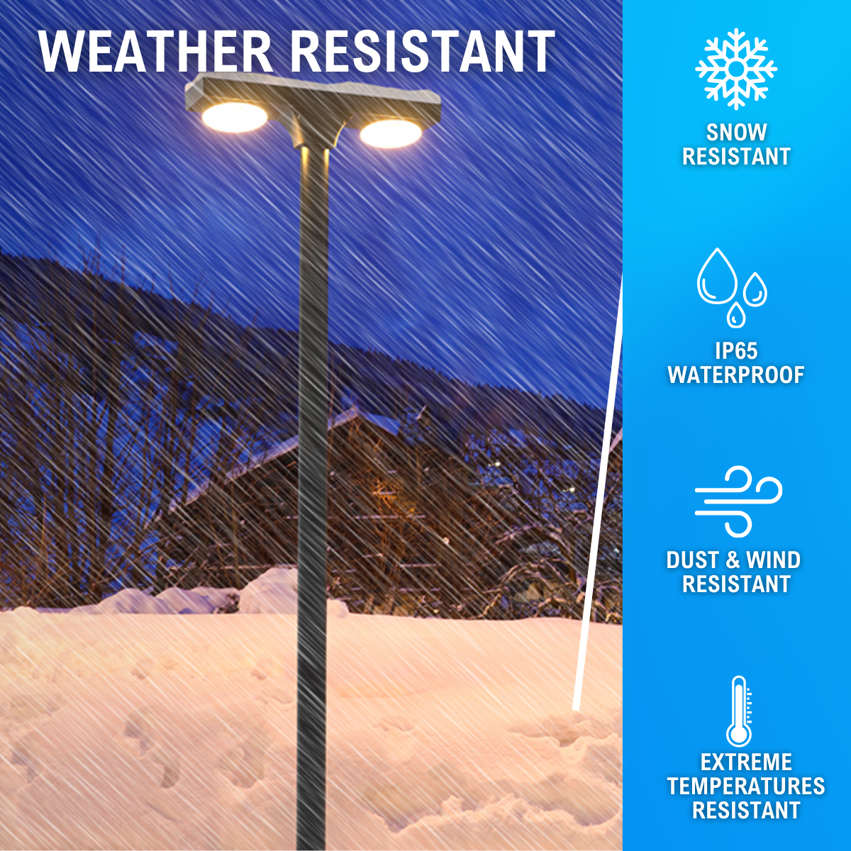 Solar LED dual head post light: weather-resistant (snow, dust, wind, extreme temps), IP65 waterproof.