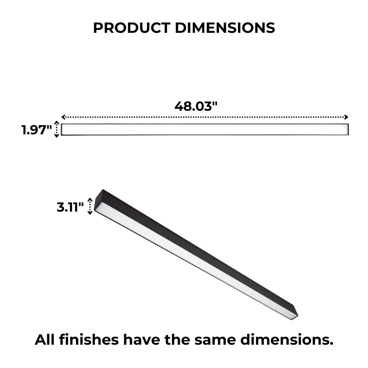 Dimensions shown for an LED Linear Light that notes that all finishes have the same dimensions