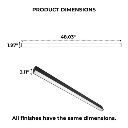 Dimensions shown for an LED Linear Light that notes that all finishes have the same dimensions
