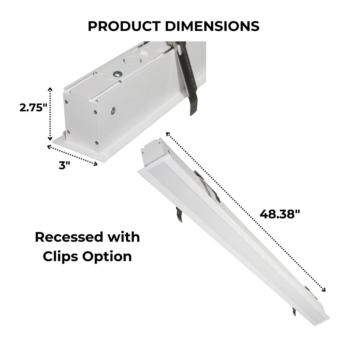 Dimensions of an LED Recessed Linear Light that is mounted with clips