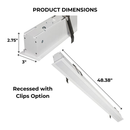 Dimensions of an LED Recessed Linear Light that is mounted with clips