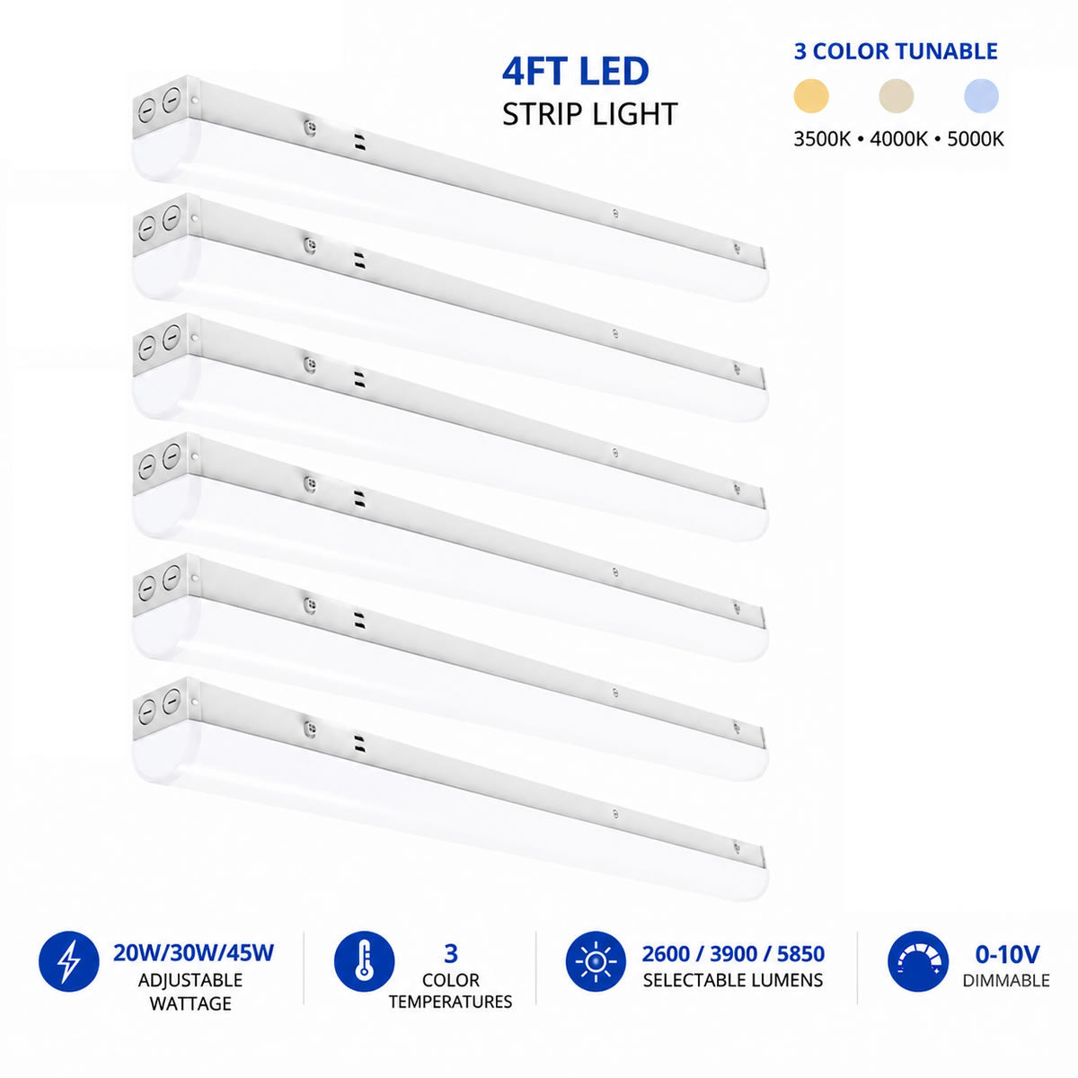 Case of 6 - 4ft LED Strip Light 5,850 Lumen Max - Wattage Adjustable 45W/30W/20W - Color Tunable 35K/40K/50K - Sensor Base