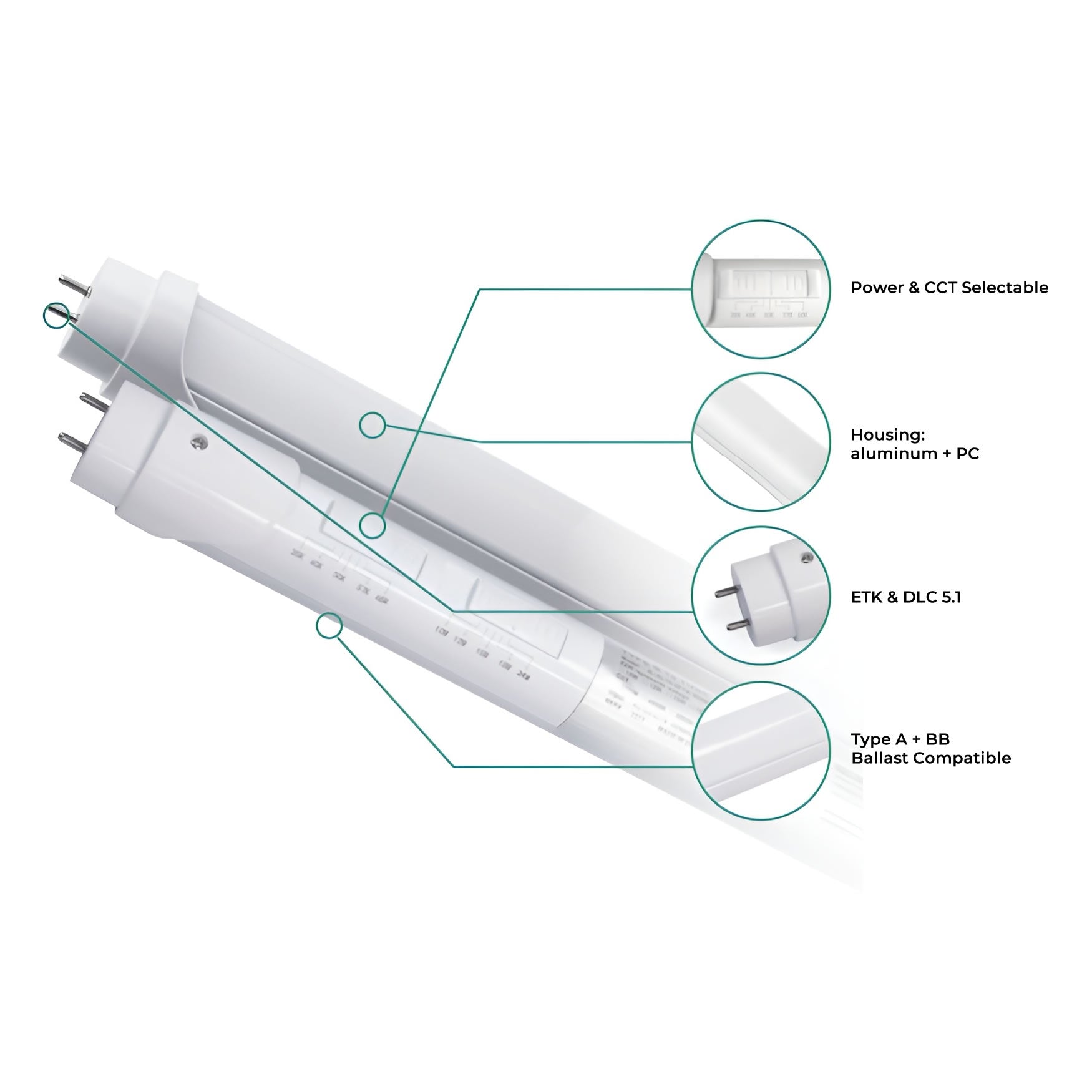 Case of 30 - 4ft LED T8 Wattage Adjustable & Color Tunable Tube - Type A+B - 10W/12W/15W/18W/24W - 35K/40K/50K/57K/65K - Jen Lighting