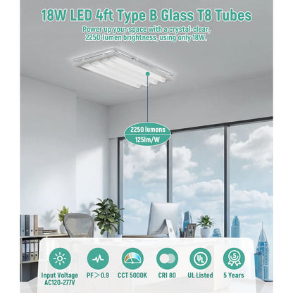 LED Glass Tube Type B 120-277V 2100/2250 Lumens UL Listed | 15W/18W 4FT Clear/Milky