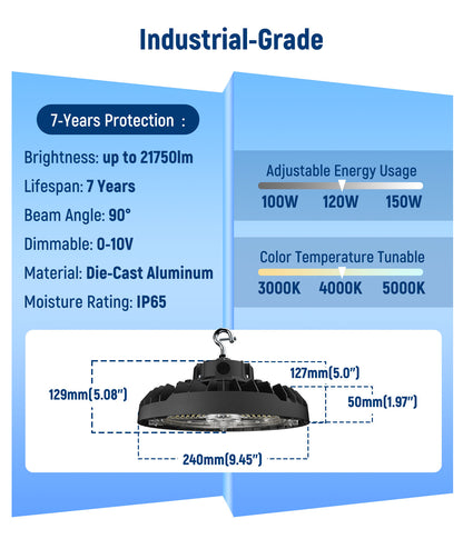 LED Wattage Adjustable UFO High Bay - 100W/150W - 5000K - Jen Lighting & Microwave Highbay Sensor - 12VDC