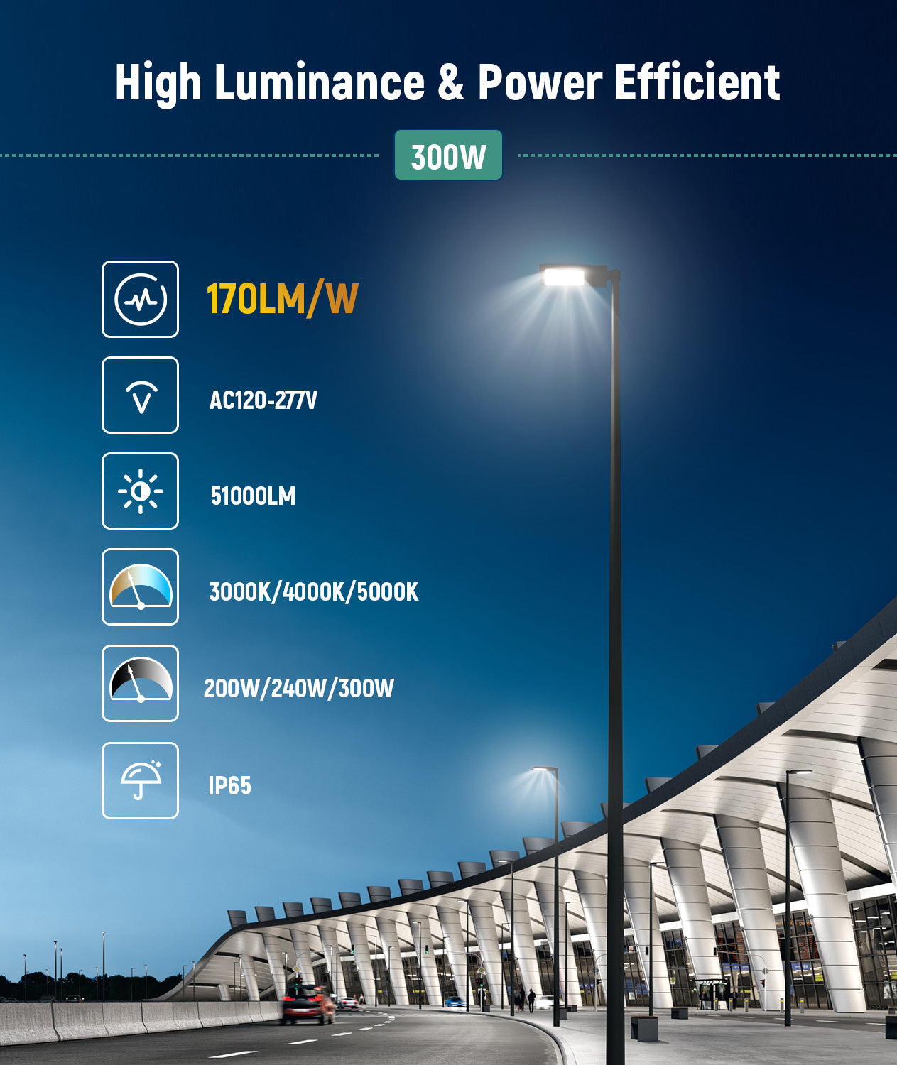LED Area Light - 51,000 Lumen Max - AC277 480V - Wattage Adjustable 300W/240W/200W - 170LM/W - Color Tunable 30K/40K/50K - Photocell Base